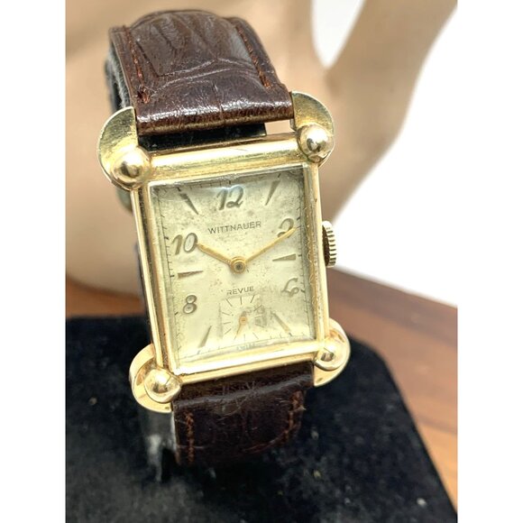 Wittnauer Revue Watch Swiss Mechanical Tank Vintage Gold Brown Leather Band 22mm - Picture 14 of 15